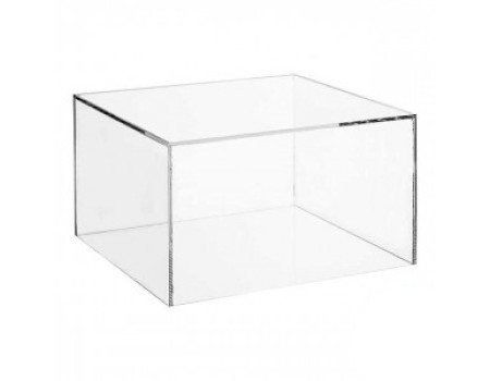 Plexiglas stofkap 500 x 500 x 500 mm buitenmaat (LxBxH), stomp verlijmd, onderzijde open.